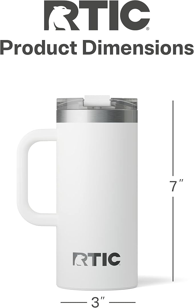 RTIC 16oz Road Trip Travel Mug with Lid and Handle, Ceramic Lined, Insulated, Stainless Steel, Metal, Double Wall Vacuum-Insulation, Portable Coffee, Tea Cup for Hot and Cold Drink, White