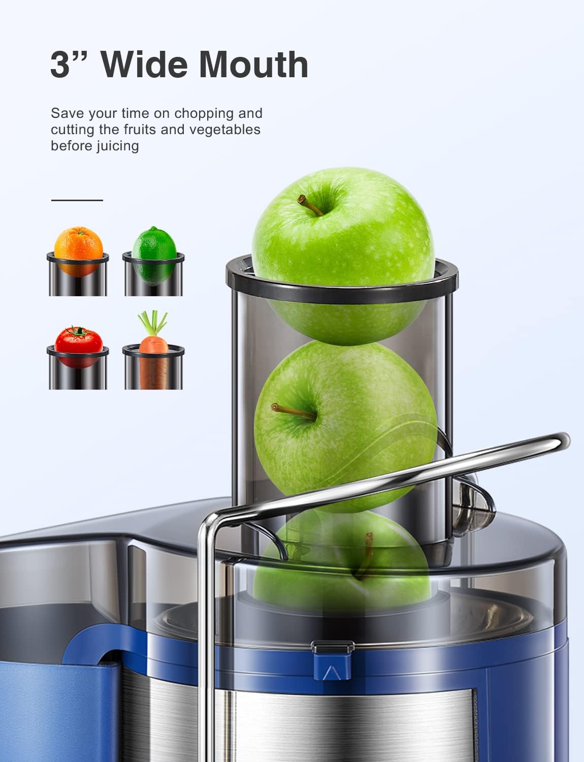 QCen Juicer Machine, 500W Centrifugal Juicer Extractor with Wide Mouth 3” Feed Chute for Fruit Vegetable, Easy to Clean, Stainless Steel, BPA-free (Blue)