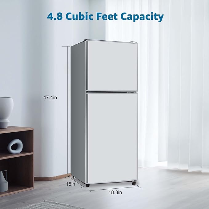 4.8 Cu. Ft. Mini Fridge with Freezer, Compact Refrigerator with Adjustable 7-Level Thermostat, Double-Door Fridge for RV, Kitchen, Office, Silver