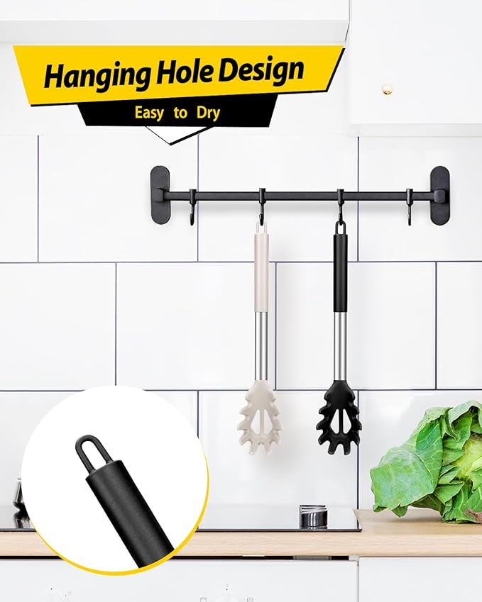 Pack of 2 Silicone Pasta Fork, Kitchen Heat Resistant Noodle Spoon Server, BPA Free Spaghetti Strainer, Best Cooking Tools (BLACK-KHAKI)