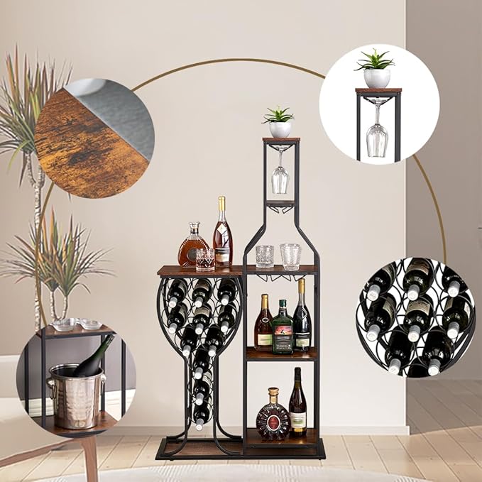5-Tier Wine Rack Freestanding Floor, 11 Bottles Modern Wooden Wine Holder-Storage Cabinet for Home Bar, Kitchen, Dining Room Space Saving Bar Stand with Easy Assembly.(Brown)