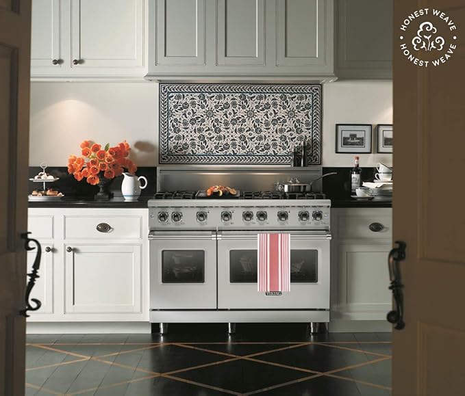 GOTS Certified Organic Cotton Kitchen Hand and Dish Towel Sets - Oversized 20x30 inches, Fully Hemmed, in Designer Colors, 6-Pack, Coral Stripe