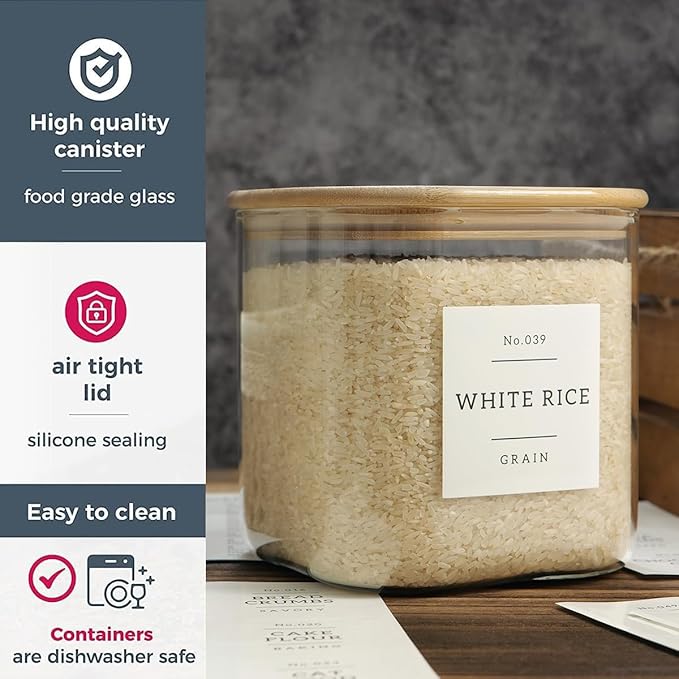 Large Glass Flour and Sugar Containers with 42 Kitchen Pantry Labels - 85 Oz Glass Food Storage Containers with Airtight Lids - Square Glass Jars with Bamboo Lids for Rice, Pasta, Cookies