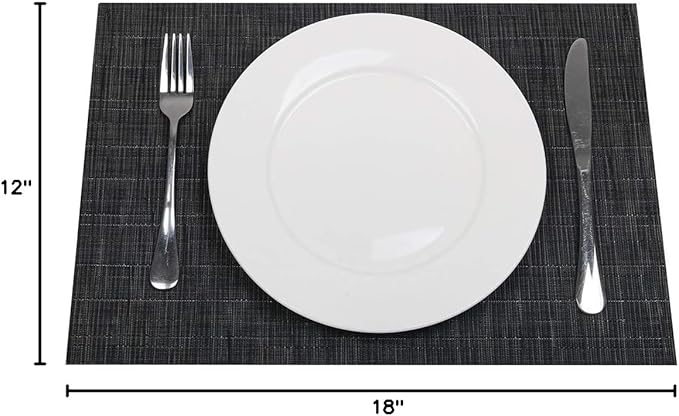 SHACOS Placemats Set of 8 Woven Vinyl Place Mats for Dining Table Wipe Clean Heat Resistant Washable Kitchen Table Mats (8, Black)