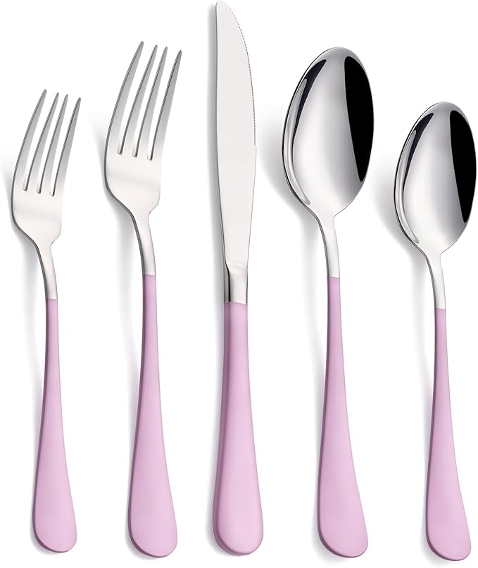 20-Piece Light Purple Silverware Set, 18/0 Stainless Steel Purple Handle Flatware Set, Service for 4, Modern Cutlery Set Includes Dinner Knives Forks Spoons, Mirror Polished, Dishwasher Safe