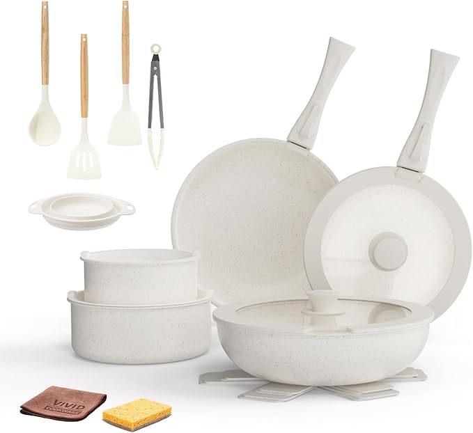 22Pcs Ceramic Cookware Set, Detachable Handle Non Stick Pots and Pans for Oven/Induction, All-in-One Kitchen Utensils Set, Cream White