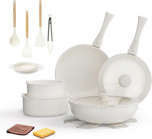 22Pcs Ceramic Cookware Set, Detachable Handle Non Stick Pots and Pans for Oven/Induction, All-in-One Kitchen Utensils Set, Cream White