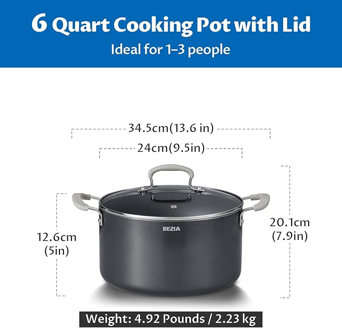 6 Quart Pot with Lid, BEZIA Ceramic Nonstick Stock Pot with Lid, Induction Ready, Large Cooking Pot with Silicone Handle, Compatible with All Cooktops, Dishwasher Safe