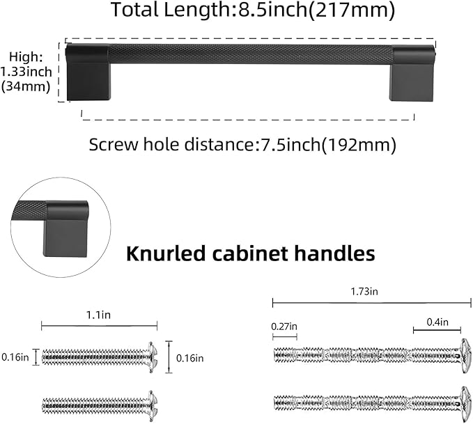 10 Pack 7-1/2 inch(192mm) Matte Black Kitchen Cabinet Handles Knurled Cabinet Pulls Black Drawer Pulls Kitchen Hardware