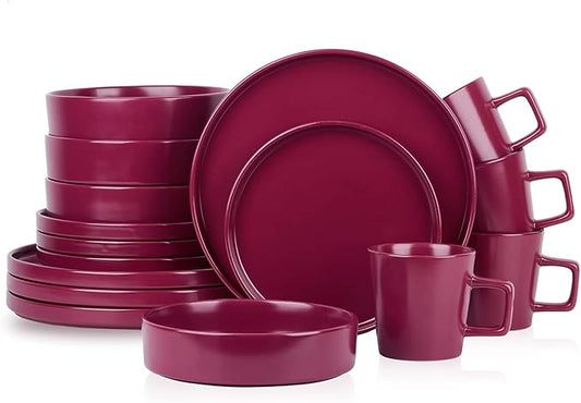 Stone Lain Cleo Modern Stoneware 16-Piece Dinnerware Set, Plates and Bowls Set, Dish Set Service For 4, Magenta