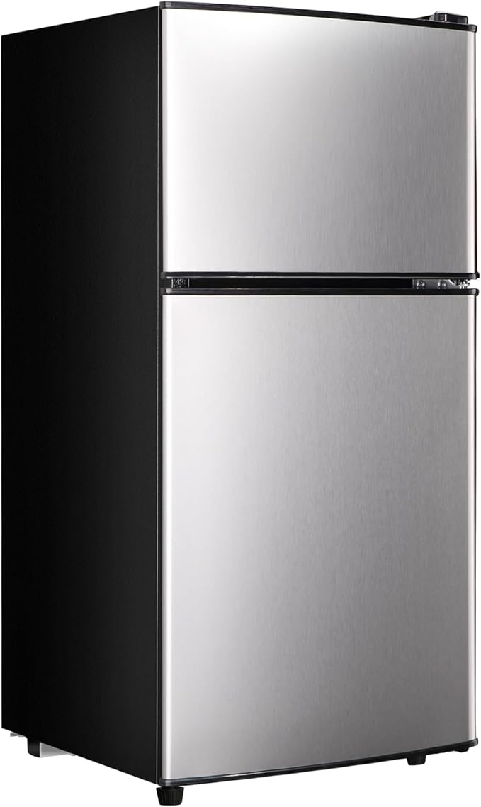 Mini Fridge with Freezer, 3.2 Cu. Ft. Double-Door Small Refrigerator with Adjustable 7-Level Thermostat & Separate Freezer, Dorm Fridge Compact for Kichen, RV, Office, Apartment, Silver