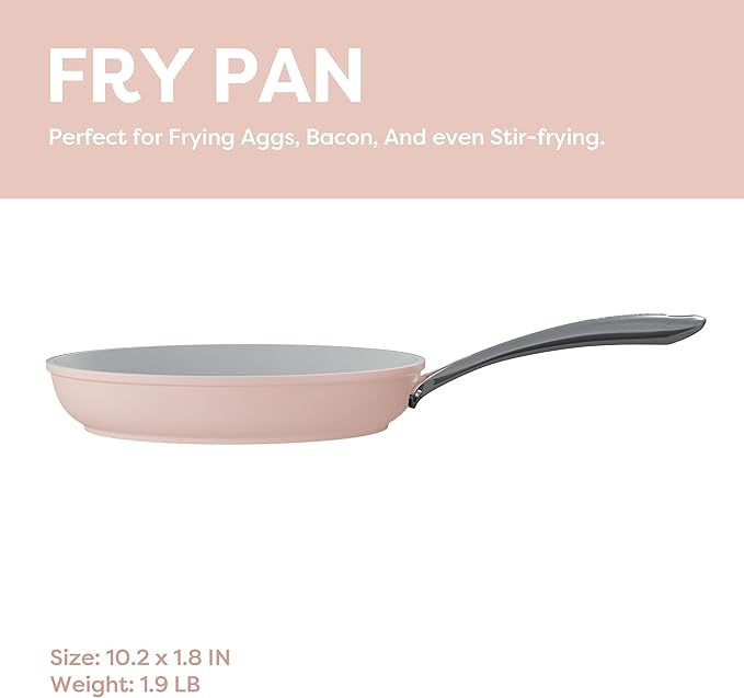 CIARRA Nonstick Ceramic Frying Pan, Non Toxic, PTFE & PFOA Free, Oven Safe & Compatible with All Stovetops, 10.2 Inches, Pink
