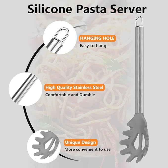 2 Pieces Spaghetti Spoon and Pasta Tong,Non-stick 13 Inch Silicone Spaghetti Fork and 9.8 Inch Stainless Steel Handle Spaghetti Tong Food Clip for Spaghetti Noodle (Grey)
