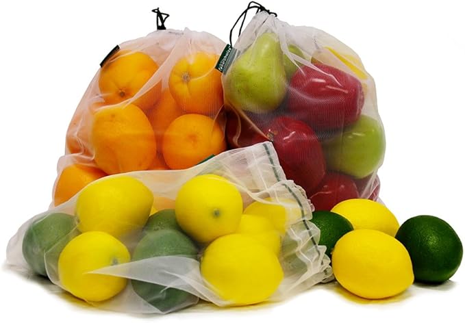 Earthwise Reusable Mesh Produce Bags - Washable Set of 9 Premium Bags, TRANSPARENT Lightweight, Strong SEE-THROUGH Mesh for shopping, transporting and storing fruits and veggies.