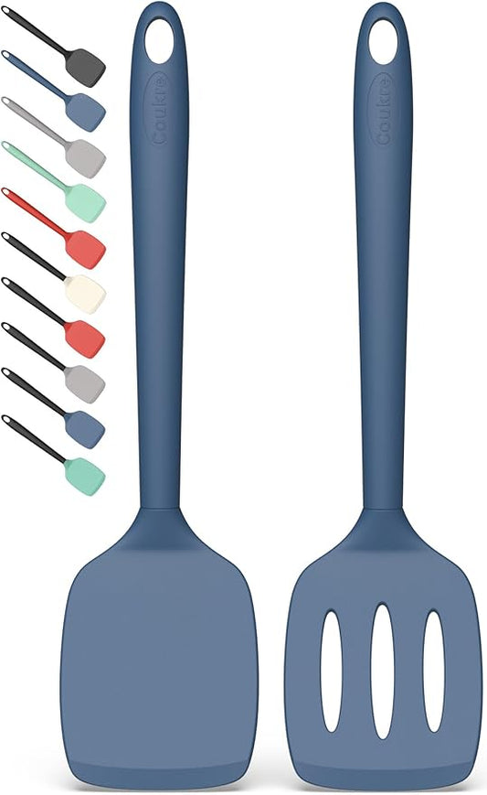 Coukre 2 Pack Silicone Spatula Set, High Heat Resistant, BPA Free Kitchen Spatula, Solid & Slotted Turner for Non-Stick Pans, Sautéing, and Flipping (2, PureDarkBlue)