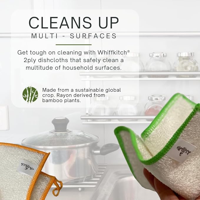 Whiffkitch Dishcloths Dishrags for Kitchen and Household Cleaning 6x7 6-Pack Non-Scratch 2-Ply Weave, Bamboo-Rayon Fabric, Absorbent, Washable, Long-Lasting