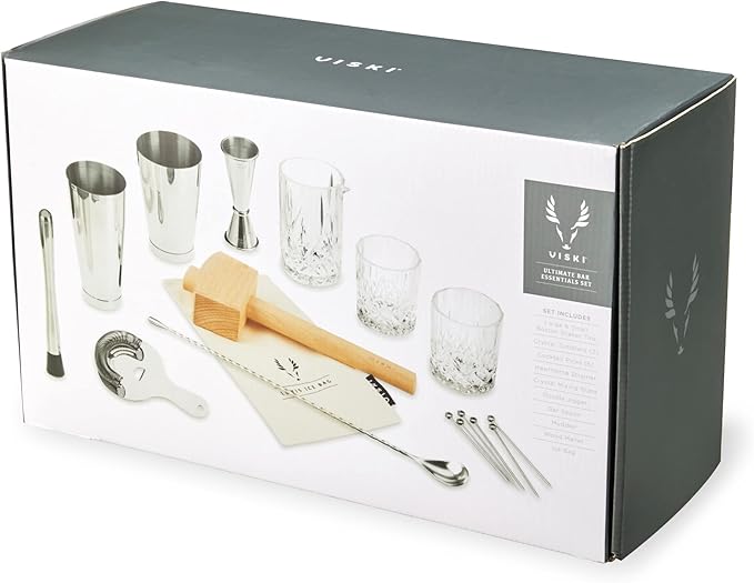 Viski Bartender Kit and Barware Set Includes Boston Cocktail Shakers, Mixing Glass, Jigger, Muddler, Strainer, Bar Spoon, Whiskey Glasses, Ice Bag, Mallet, and Cocktail Picks, Home Bar Gifts, 17-Piece