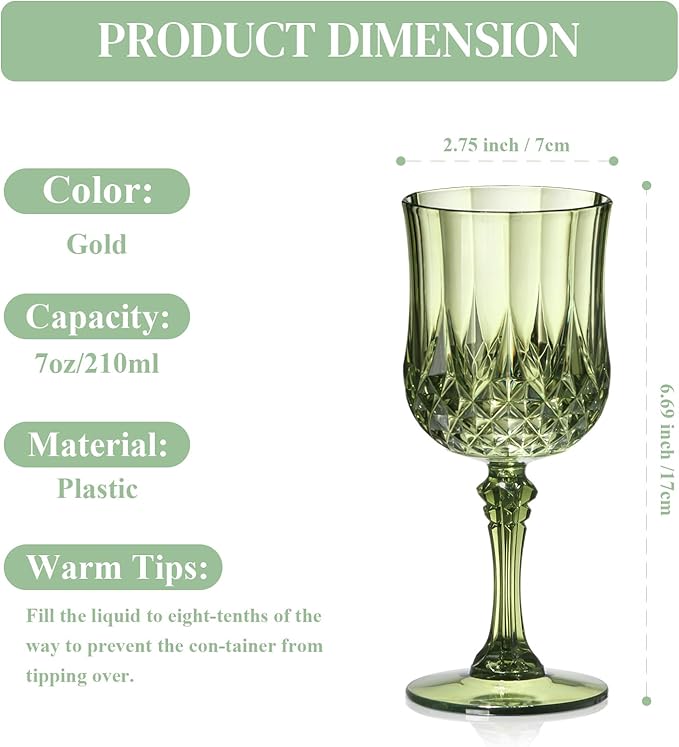 XUWAIDSGN 48 Pcs 7oz Plastic Vintage Wine Glasses Drinking Glasses Unbreakable Wedding Glassware Crystal Water Goblets Reusable Drinkware Vintage Champagne Flutes (48, Dark Green)