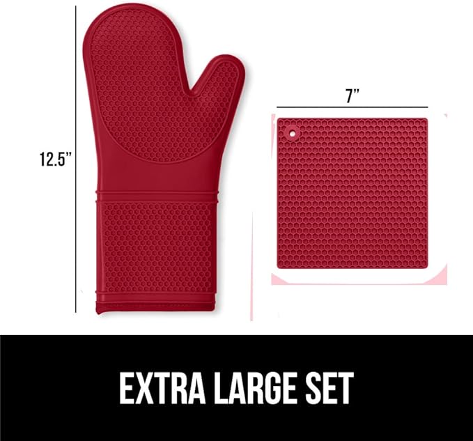 GORILLA GRIP BPA-Free Soft Silicone Oven Mitts and Pot Holders Sets of 4, Heat Resistant Waterproof Cooking Gloves, Thick Cotton Lining, Flexible Gripping for Baking Grilling, Kitchen Trivets, Red