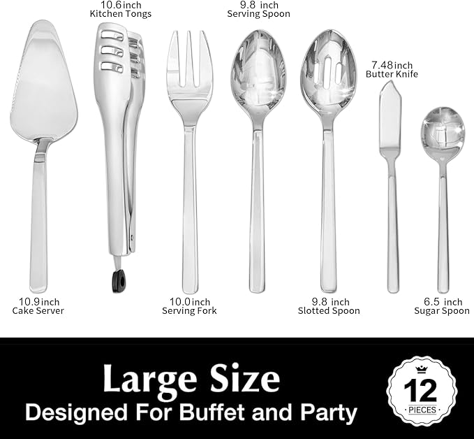 KINGSTONE Large Hostess Serving Utensils Set, 18/10 Stainless Steel -10 inch Serving Spoons, Slotted Spoons, Forks, Tongs, Cake Pie Server, Butter Knife, Sugar spoon for Buffet, Wedding, Party