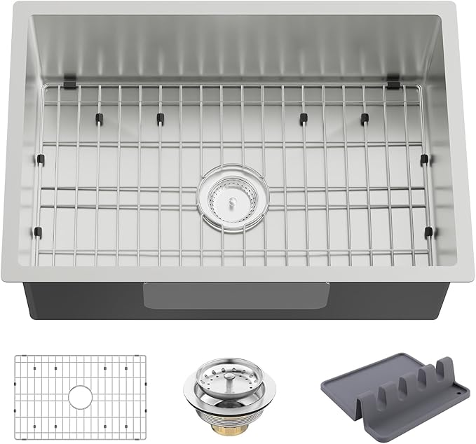 Stainless Steel Drop In Kitchen Sink - 27x18 Inch Modern Undermount Single Bowl - SS Grid, Spoon Rest, Drain Strainer Set