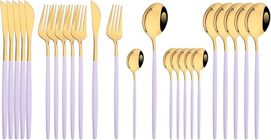 JASHII Flatware Set 24 Piece, Stainless Steel Silverware Set, Macaron Small Fresh Color Cutlery Set, Modern Elegant Tableware Set for Party, Christmas, Dinner (Purple Gold), Service for 6