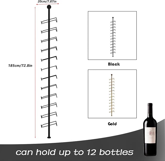 Wine Rack Wall Mounted, 72.8in High Metal Wine Bottle Holder for 12 Bottles, Kitchen Organization and Wine Storage for Commercial Restaurants Pantry Bar Wine Cellar (Gold, One row-12 Bottles)