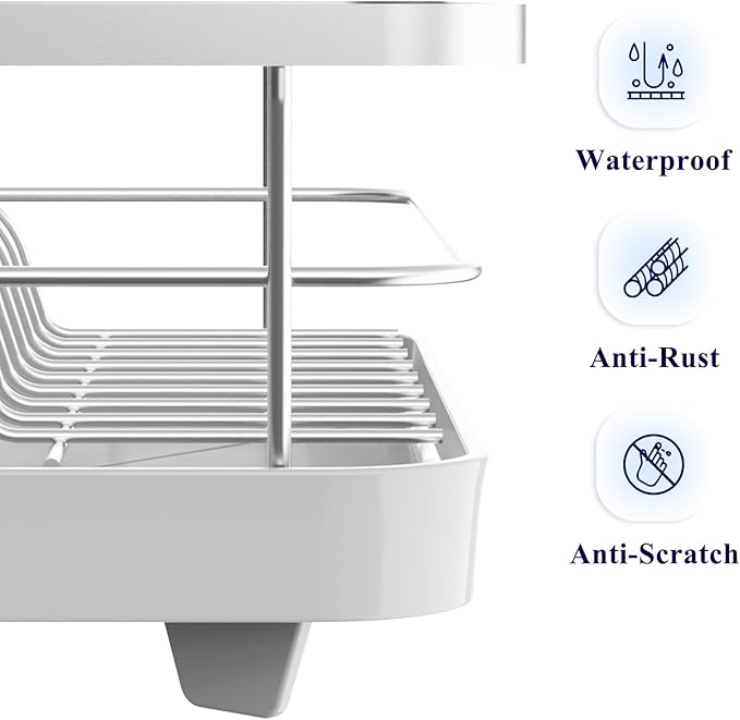 Kitsure Dish Drying Rack for Kitchen Counter, Stainless Steel Sink Organization and Storage Essentials with Cutlery Holder, Home and Appartment Decor, 12''W x 15.5''L, Silver