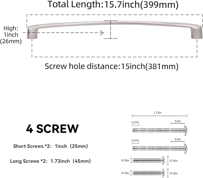 10 Pack 15 Inch(381mm) Kitchen Cabinet Handles Brushed Satin Nickel Cabinet Pulls Silvery Drawer Pulls Zinc Alloy Kitchen Hardware