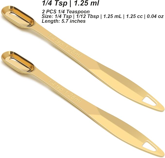 2 Pcs 1/4 Teaspoon(1.25 mL | 1/4 Tsp | 1/16 Tbsp | 1.25 cc | 1/32 oz) Stainless Steel Single Measuring Spoon, Long Handle Metal Measuring Spoon, Kitchen Gadgets for Cooking & Baking(Gold)