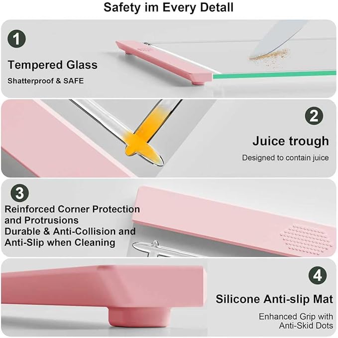 Tempered Glass Cutting Board Set for Kitchen Counter - Dishwasher Safe with Juice Grooves, Non-Slip Silicone Edges & Beveled Grip - 16"x12" & 12"x8" Serving Tray (Pink)