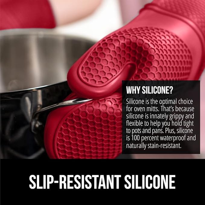 GORILLA GRIP BPA-Free Soft Silicone Oven Mitts, Heat Resistant and Waterproof Cooking Gloves, Thick Cotton Lining, Flexible Gripping for Baking Grilling, Kitchen Potholders Set of 2, 12.5x8.3, Red