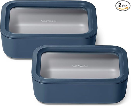 Caraway 2pc Glass Food Storage Set - 6.6 Cup Food Containers (2) - Ceramic Coated - Non Toxic, Non Stick Lunch Box with Lids. Dishwasher, Oven, & Microwave Safe - Navy