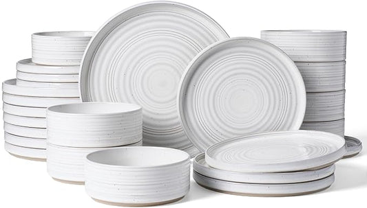 Stoneware Dinnerware Sets, Dish Set for 8, 24 Pieces Spiral Dishware Set with Straight Rim, Speckles & Reactive Glaze - Microwave and Dishwasher Safe Tableware, White