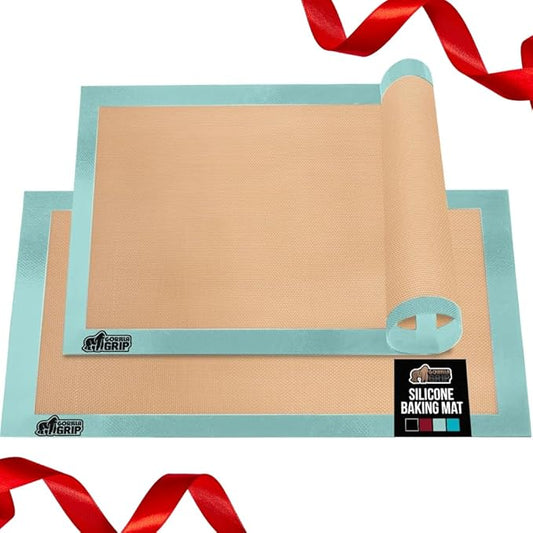 GORILLA GRIP Reusable Nonstick Silicone Baking Mat, 2-Pack, 16.5x11.87, Half Sheet, BPA-Free Oven Safe Food Liner for Cookie Sheets, No Mess Easy Clean Pastry Mats, Holiday Baking Essentials, Mint