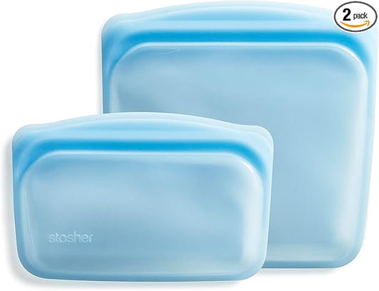 Stasher Premium Silicone Reusable Food Storage Bags, 2-Pack, Blue, Multi-Use Food Storage Bags, Lunch Bag, Travel Containers, BPA Free, Leak-free, Dishwasher-Safe, Eco-friendly
