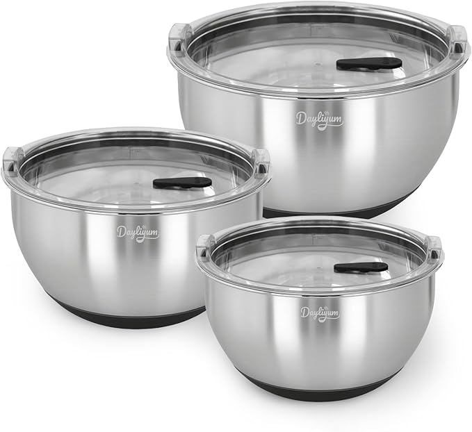 Mixing Bowls with Airtight Lids, Clear Lid with Valve, Stainless Steel Nesting Bowl Set, 3-Piece Bowls(1.5/3/5 QT), Measurement Marks, Non-Slip Silicone Base, Dishwasher Safe, Food Prep & Storage
