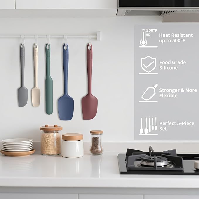 Coukre Silicone Spatula Set of 5,High Heat Resistant, Food Grade Silicone, Upgraded Extended Reinforced Handle,Dishwasher Safe, for Baking, Cooking (Pure Colorful A, Solid color)