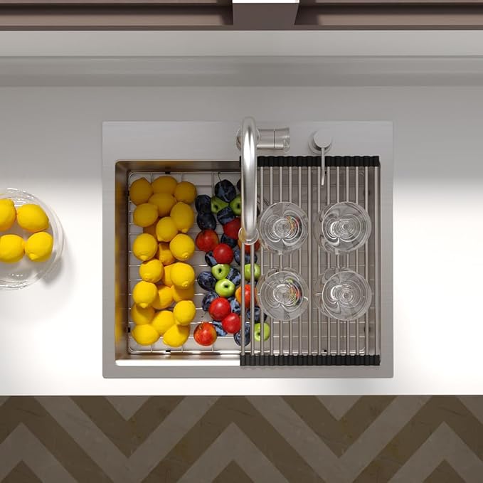 Lordear 25 Drop In Kitchen Sinks - 25 x 22 Single Bowl Stainless Steel 16 Gauge Topmount Over Counter Handmade Kitchen Laundry Room Utility Sink Basin