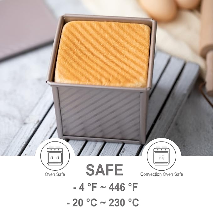 CHEFMADE Mini Pullman Loaf Pan with Lid, 0.55Lb Dough Capacity Non-Stick Rectangle Corrugated Toast Box for Oven Baking 3.9" x 3.9"x 3.9"(Champagne Gold)