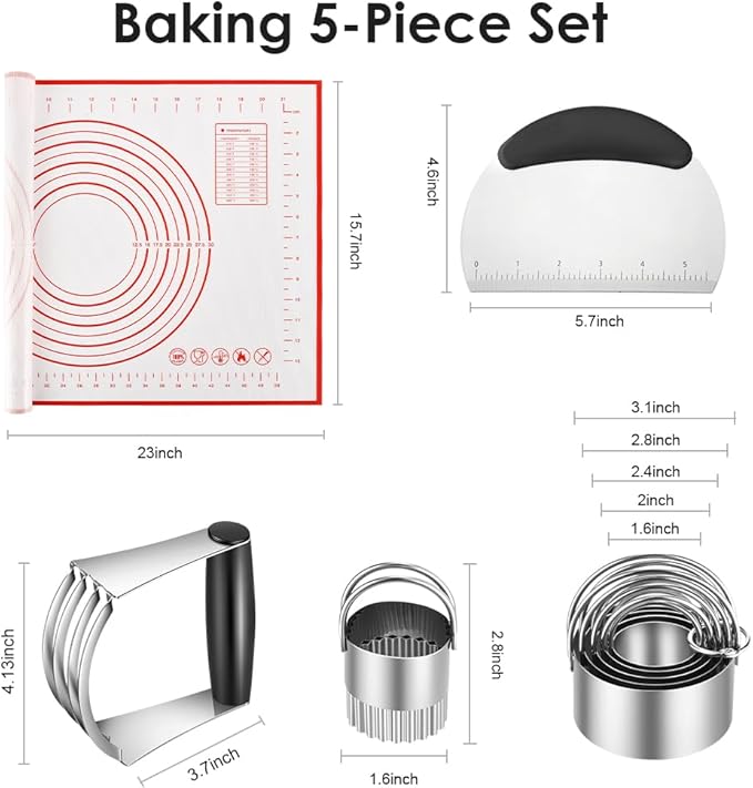 Pastry Cutter, Biscuit Cutter, Dough Scraper, Silicone Baking Mats, Stainless Steel Pastry Blender Set, Dough Cutter Biscuit Cutter Baking Pastry Mat Dough Blender Tools & Pastry Utensils (5 Pcs/Set)