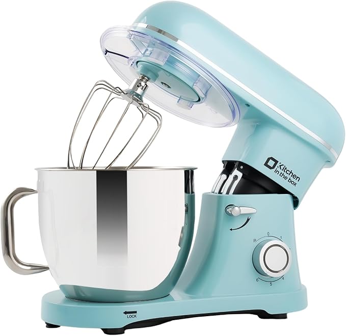 Kitchen in the box Stand Mixer - 6.5 Quart Mixing Bowl with Handle, 900 Watt Powerful Heavy Bread Dough Standing Mixers Tilt-head with Dough Hook, Whisk, Flat Beater and Splash Guard (Blue)