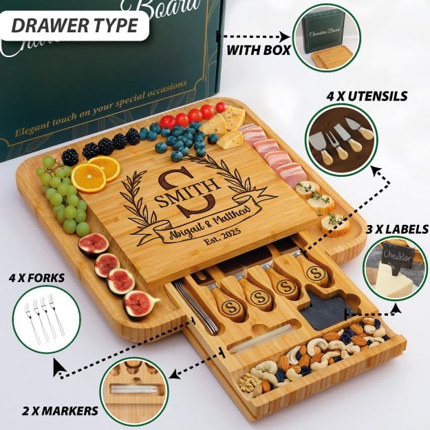 Personalized Charcuterie Board - Wedding Gifts for Couples 2025 – Custom Charcuterie Boards with Knife Set, Personalized Cutting Board, Engagement, Anniversary, Bridal Shower, Housewarming Gift