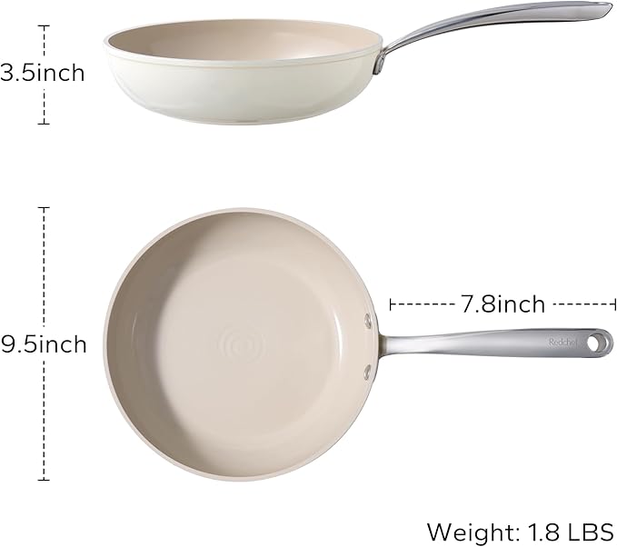 Redchef Ceramic Nonstick Frying Pan, Ceramic Non-Stick Saute Pan, Non Toxic Egg Pan, Cooking Pan for Kitchen, PFAS Free, All Stovetops (Gas, Electric, Induction), Oven Dishwasher Safe(9.5" Beige)