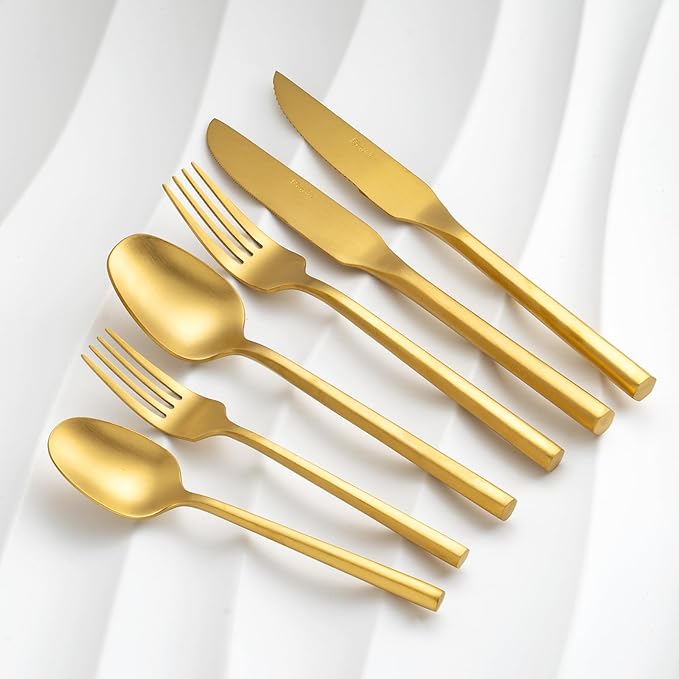 Gold Silverware Set with Steak Knives,Zerophilo Flatware Set with Hexagon Handle 24 Pieces 18/0 Stainless Steel Cutlery Set for 4,Dishwasher Safe