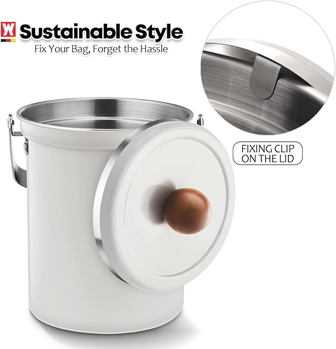 Kitchen Countertop Compost Bin 101ounces / 3Liters, Airtight Lid SUS304 Stainless Steel Odor-Free Food Waste Bin with Wooden Handle Stylish Design/Bathroom Trash Can (White)