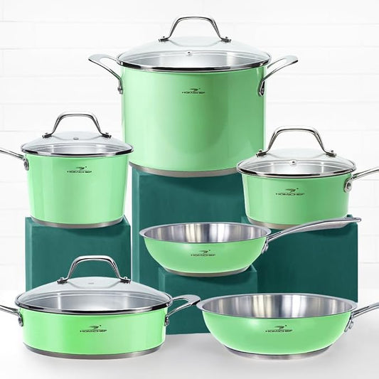 HOMICHEF 10-Piece Mint Green Nickel Free Stainless Steel Cookware Set - Nickel Free Stainless Steel Pots and Pans Set - Healthy Non-Toxic Induction Cookware Sets