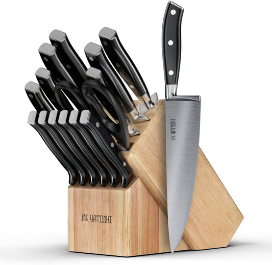 Yatoshi 15 Piece Black Knife Block Set - Pro Kitchen Knife Set Ultra Sharp High Carbon Stainless Steel with Ergonomic Handle