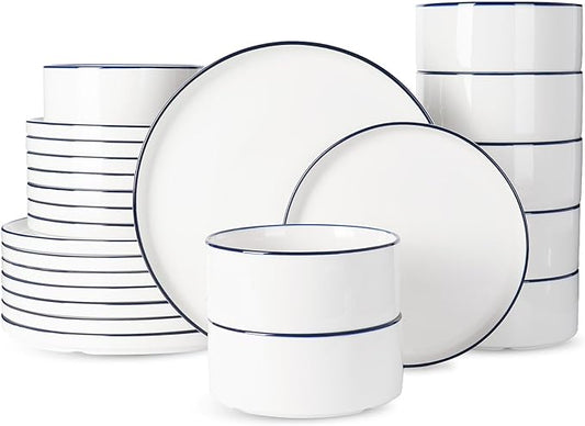 Famiware Porcelain Dinnerware Set, 24-Piece Modern Plate and Bowl Set, dish set for 8, Microwave and Dishwasher Safe Tableware, White with Blue Trim