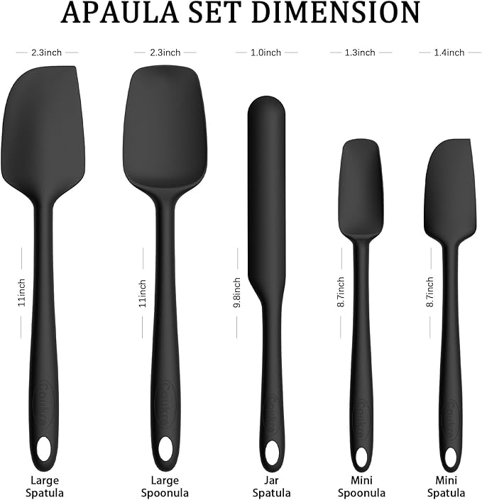 Coukre Silicone Spatula Set of 5,High Heat Resistant, Food Grade Silicone, Upgraded Extended Reinforced Handle,Dishwasher Safe, for Baking, Cooking (Pure Black, Solid color)